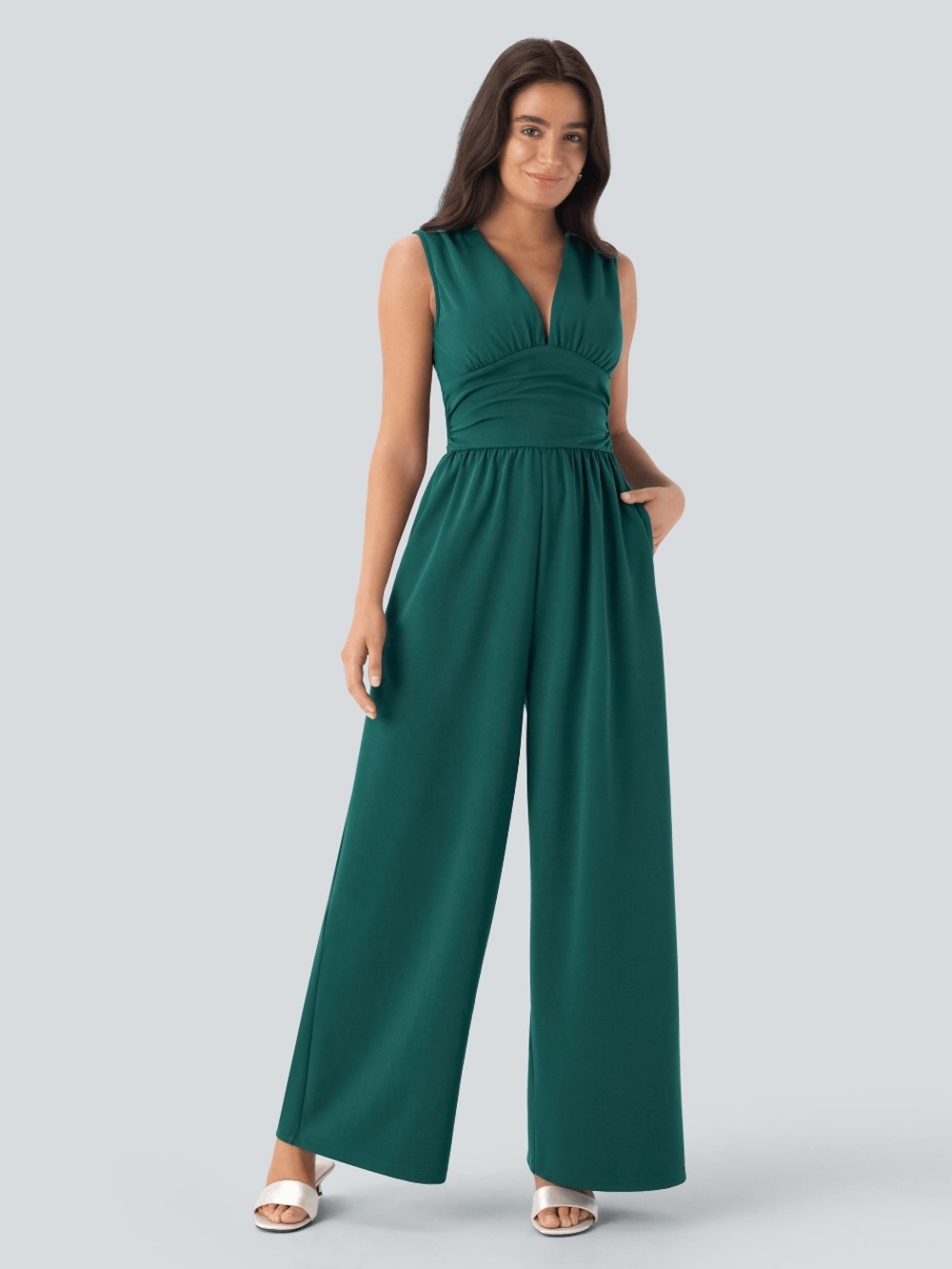 HALARA Sleeveless Deep-V Wide Leg Jumpsuit in Teal Green